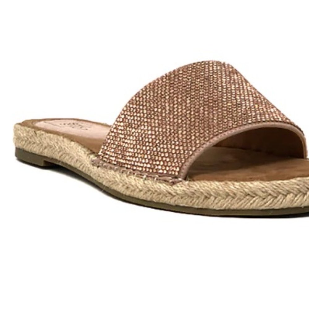 Rose Gold Espadrille Slide Sandals with Crystal Embellishments